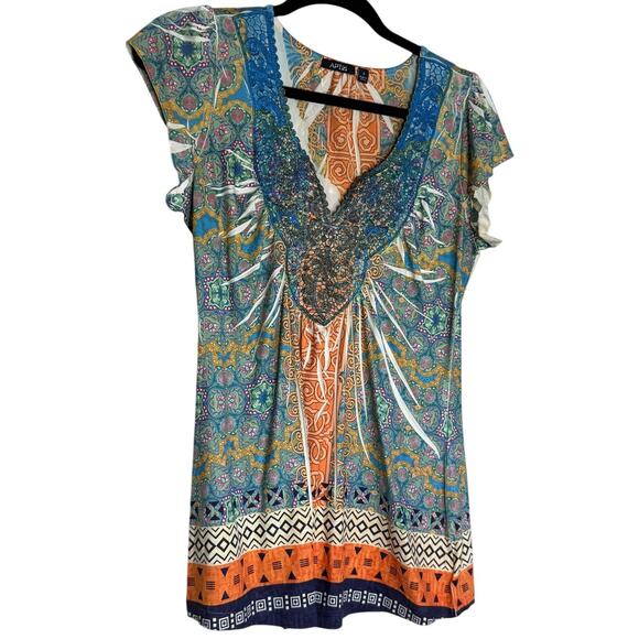 Apt 9 Women’s Paisley Boho Print Short Sleeve Top Small Poly Spandex - Picture 1 of 11